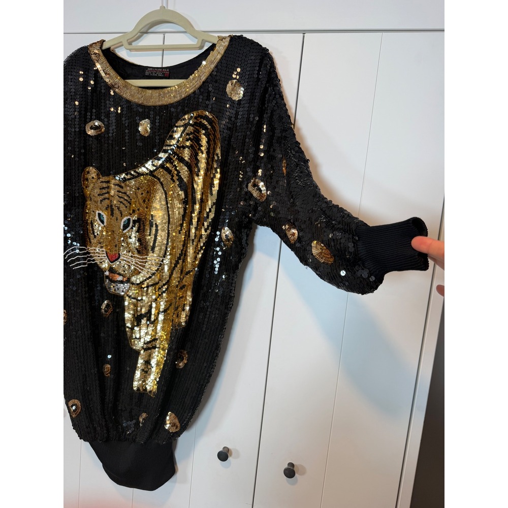 Rare Vintage 80s 100% Silk Sequin Tiger Mini Dress Black Gold Beaded Dolman Sz S - Picture 6 of 10